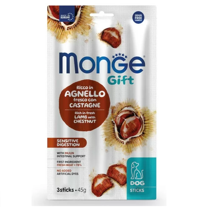 MONGE Gift Sensitive Digestion, cu Miel si Castane, Recompense Pentru Caini cu Sensibilitate Digestiva, Folie x3sticks, 45g