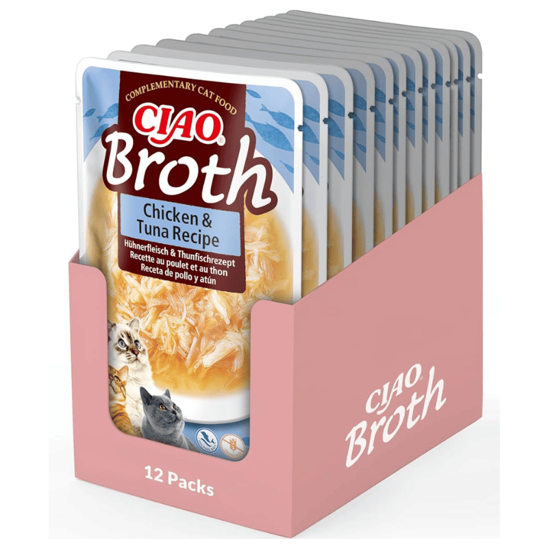 CIAO CHURU Broth Cat Food Supa Delicata de Pui cu Fulgi de Ton Box 12x40 g | Hrana Complementara Umeda pentru Pisici | Umiditate Ridicata, Fara Cereale, Topping Palatabil