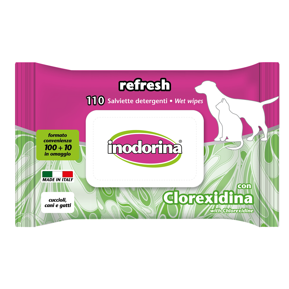 INODORINA Refresh, Servetele Umede Antibacteriene cu Clorhexidina, Pentru Caini si Pisici, 110buc
