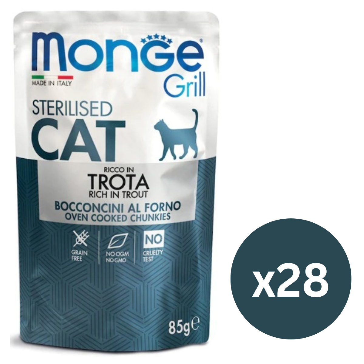 MONGE Grill Sterilized Cat, cu Pastrav, Set Plicuri Hrana Umeda Fara Cereale Pentru Pisici Sterilizate (bucatele carne in aspic), 28x85g
