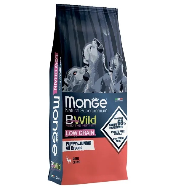 MONGE BWild Low Grain Puppy & Junior cu Caprioara – Hrană Uscată Superpremium pentru Caini juniori, 12kg