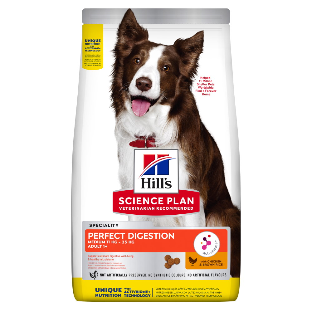 HILL'S Science Plan Perfect Digestion Adult Medium cu Pui si Orez Brun, 2.5 kg – Hrana Uscata pentru Caini Adulti de Talie Medie, cu Prebiotice ActivBiome+ pentru Digestie Sanatoasa