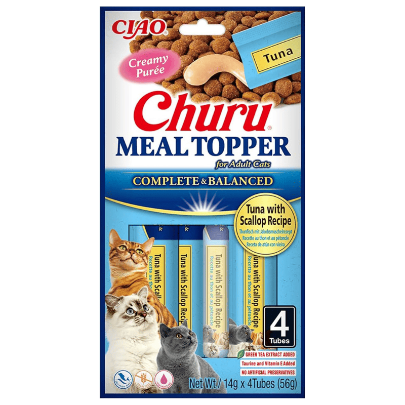 INABA Ciao Churu Meal Topper Tuna with Scallop 4x14 g | Topping Cremos Fara Cereale pentru Hrana Pisicilor | cu Ton si Scoici | Gust Intens si Calorii Putine