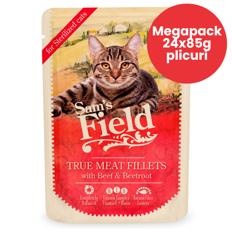 SAM'S FIELD Cat Pouch Sterilized Cats Beef & Beetroot Megapack 24x85 g | Hrana Umeda Superpremium pentru Pisici Sterilizate | Fileuri de Vita si Sfecla Rosie | Controlul Greutatii si Sanatatea Tractului Urinar