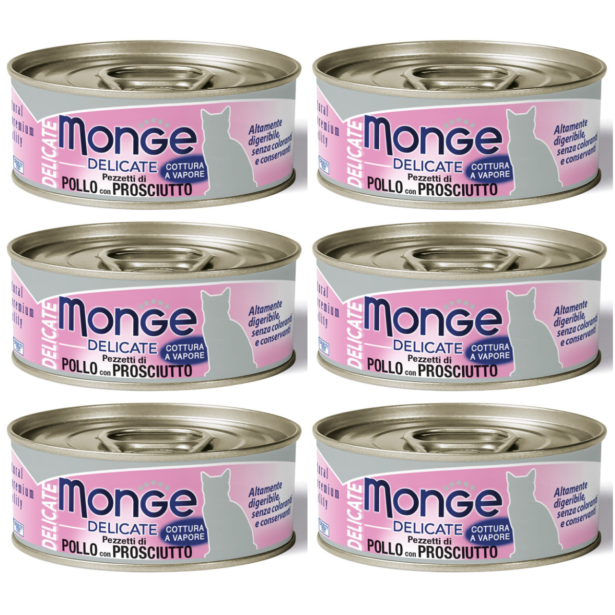 MONGE Delicate Cat, cu Pui si Sunca, Set Conserve Hrana Umeda Pentru Pisici, 6x80g