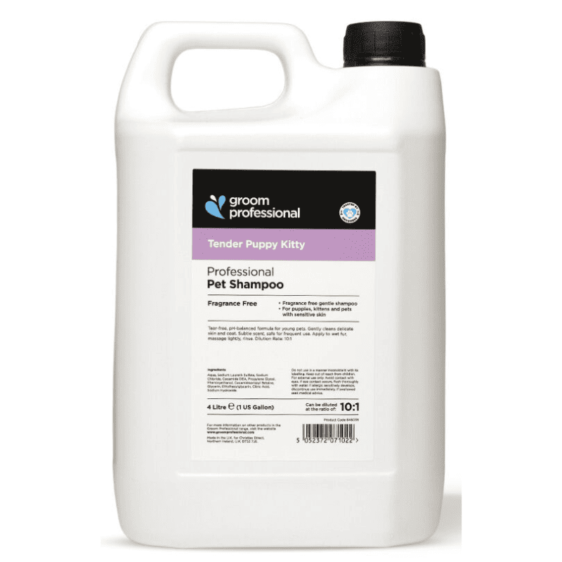 GROOM PROFESSIONAL Tender Puppy Kitty Shampoo 4 L | Sampon Profesional Concentrat (dilutie 10:1) Fără Parfum, Hipoalergenic, pentru Pui de Câine, Pisoi și Pisici Adulte cu Piele Sensibilă