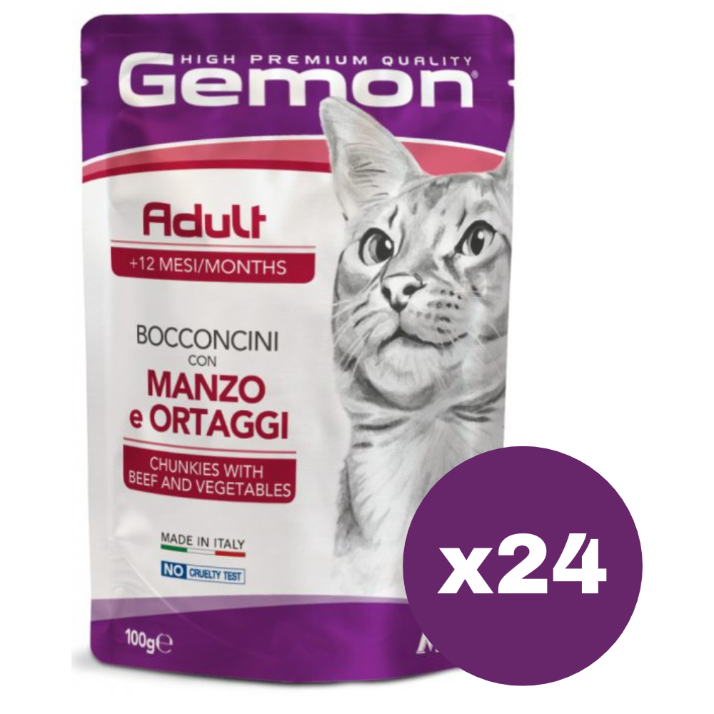 GEMON Cat cu Vita si Vegetale - Set Plicuri Hrana Umeda pentru Pisici Adulte (bucatele in aspic), 24x100g