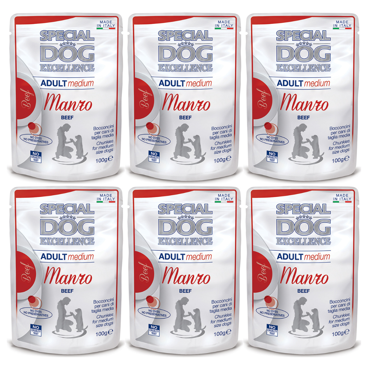 MONGE Special Dog Excellence Medium, cu Vita, Set Plicuri Hrana Umeda Pentru Caini Talie Medie, 6x100g