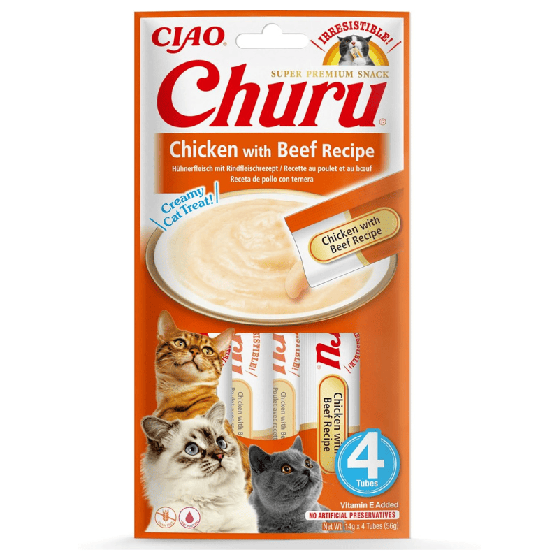 INABA Ciao Churu Creamy Sticks Chicken & Beef Recipe 4x14 g | Recompense Cremoase fara Cereale pentru Pisici | cu Pui si Vita | Sanatoase, Hidratante si cu Calorii Putine
