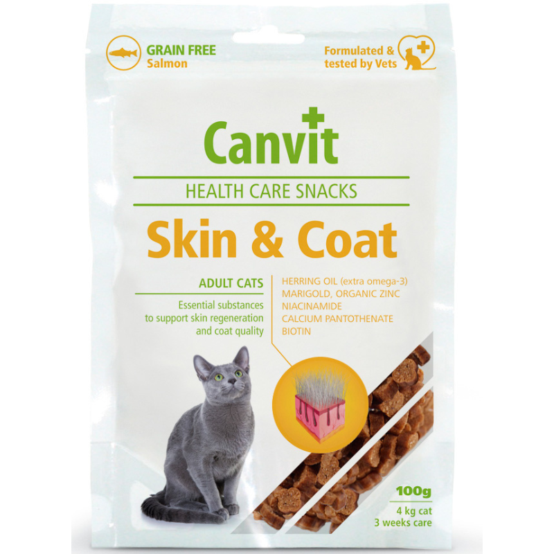 CANVIT Health Care Snack Skin & Coat for Cats 100 g – Recompensă Funcțională pentru Pisici, Piele Sănătoasă și Blană Strălucitoare