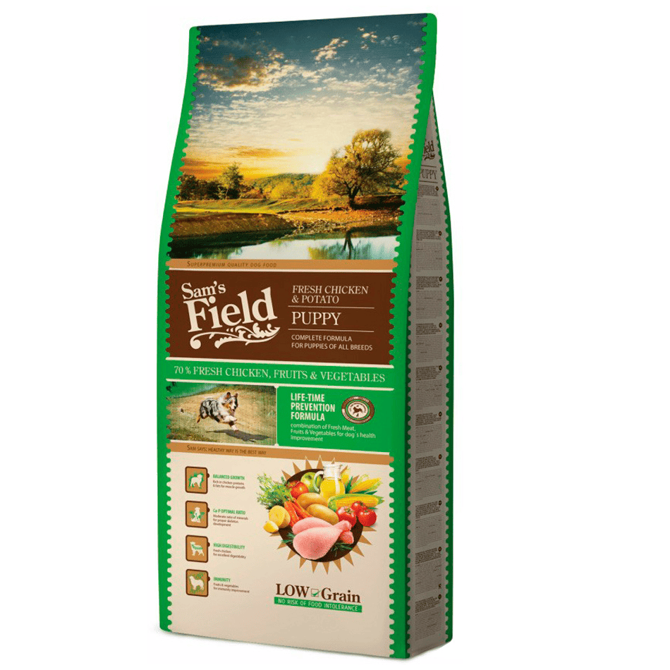 SAM'S FIELD Fresh Chicken & Potato Puppy 13 kg | Hrana Uscata Super-Premium pentru Catei | Formula Hipoalergenica cu Pui Proaspat, Cartofi, Fructe si Legume | Crestere Sanatoasa si Suport Articular