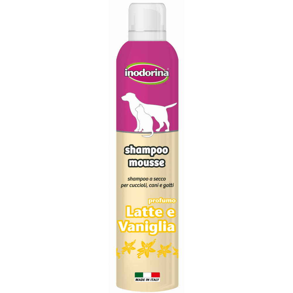 INODORINA Shampoo Mousse, cu Vanilie si Proteine din Lapte, Sampon Spuma Curatare Fara Apa Blana Caini si Pisici, 300ml
