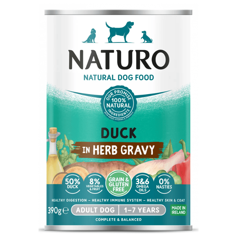 NATURO Adult Dog Grain & Gluten Free cu Rata in Sos cu Ierburi 390 g | Hrana Umeda Completa fara Cereale 100% Naturala pentru Caini Adulti