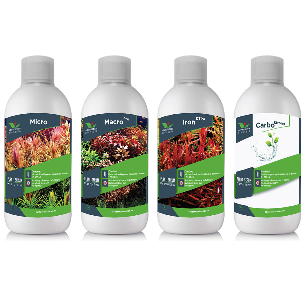 Micro-Macro Pro Fier-Carbo PLANT SERUM, Pachet Complet Fertilizanti Pentru Plante de Acvariu, 4x500ml