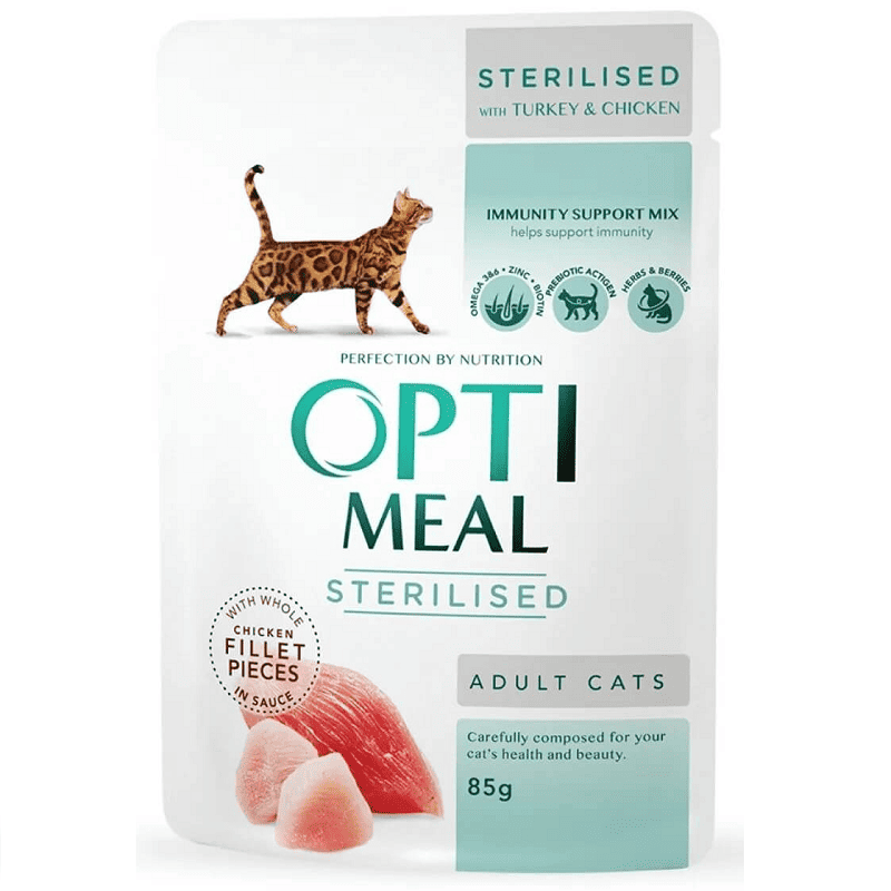 OPTIMEAL Cat Sterilised cu Curcan și Pui 85 g | Hrană Umedă Super-Premium pentru Pisici Sterilizate