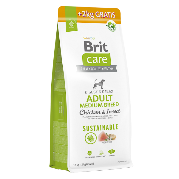 BRIT CARE Sustainable Adult Medium Breed, cu Pui și Insecte, 12kg+2kg Gratis, Hrană Uscata Sustenabila pentru Câini Adulți de Talie Medie, Fara Gluten