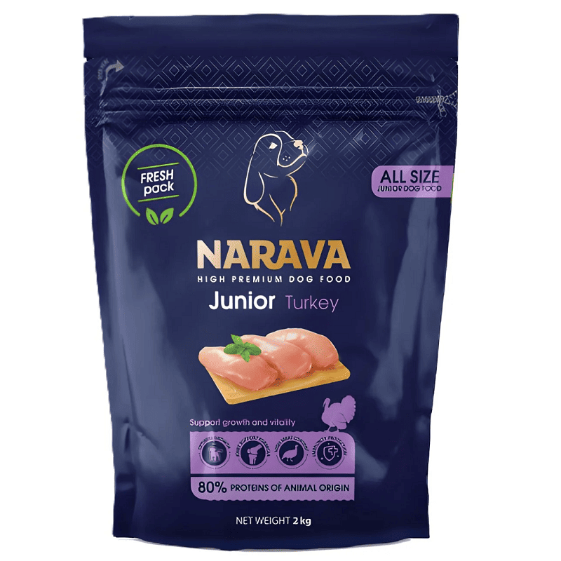 NARAVA Junior All Size cu Curcan 2 kg | Hrana Uscata Premium pentru Catei si Caini Juniori | Crestere Armonioasa si Suport Articular