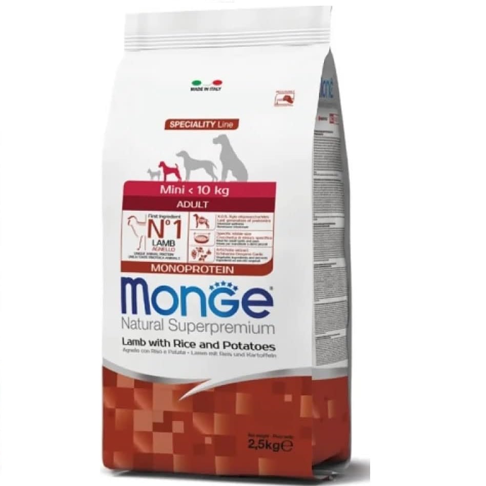 MONGE NATURAL Adult Mini, Miel si Orez, Hrana Uscata Monoproteica Caine, Digestie Optima, 2.5kg