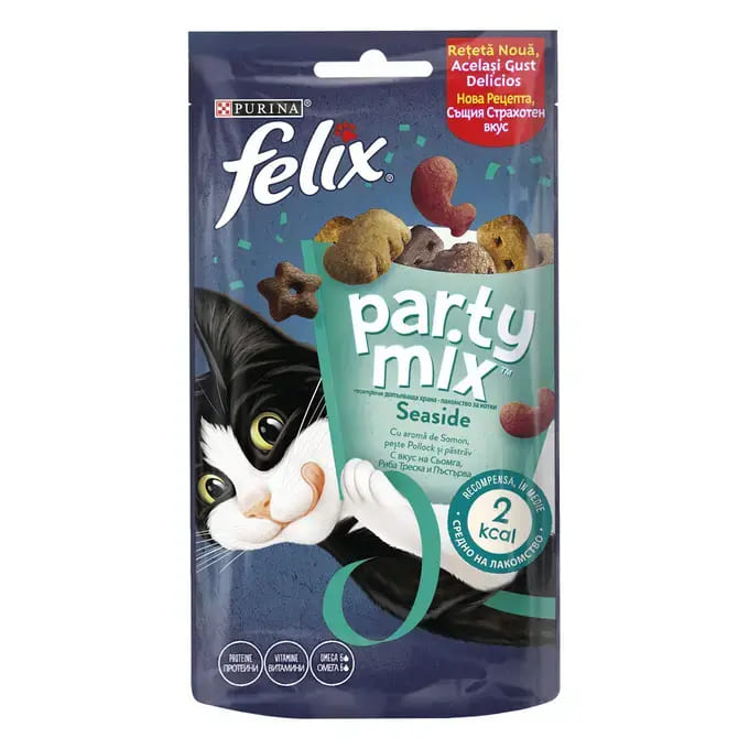 FELIX Party Mix Ocean Mix Recompense pentru Pisici, cu Somon, Ton și Păstrăv, 60 g – Snack Crocant și Aromat pentru Răsfățul Zilnic