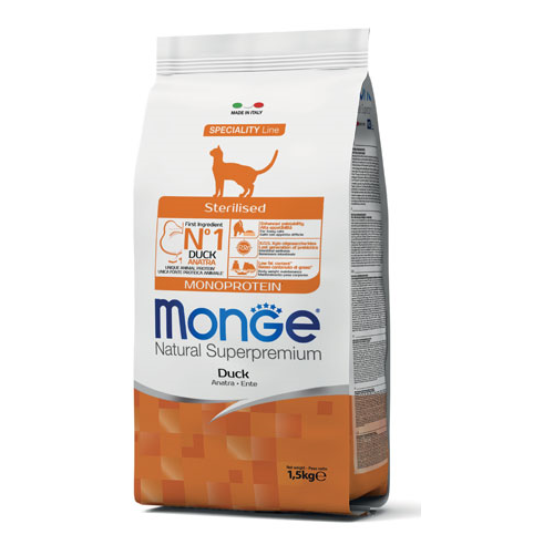 MONGE Natural Superpremium Cat Adult Sterelised, cu Rata, Hrana Uscata Monoproteica Pentru Pisici Adulte Sterliizate, 1.5lg