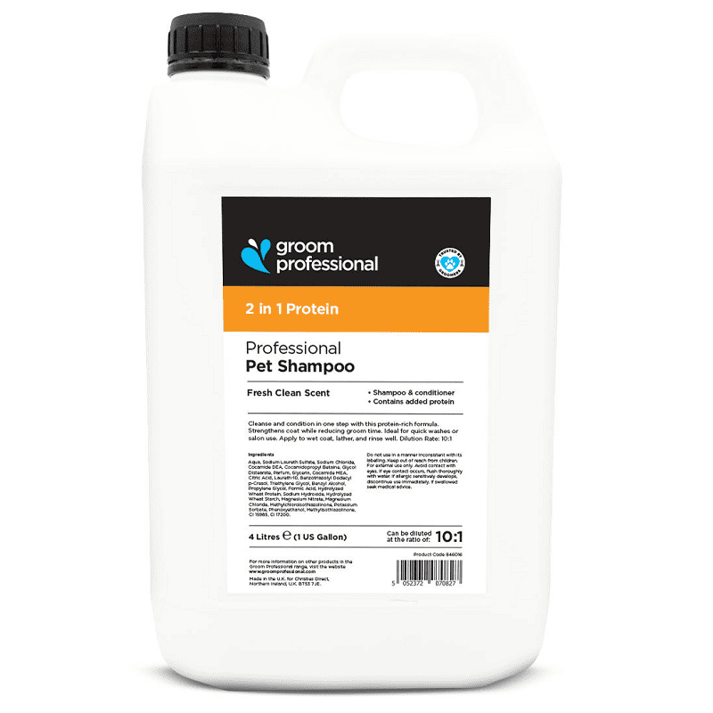 GROOM PROFESSIONAL 2 in 1 Protein Shampoo 4 L | Sampon Profesional și Balsam Regenerant Concentrat (dilutie 10:1) pentru Câini, cu Proteine Fortifiante
