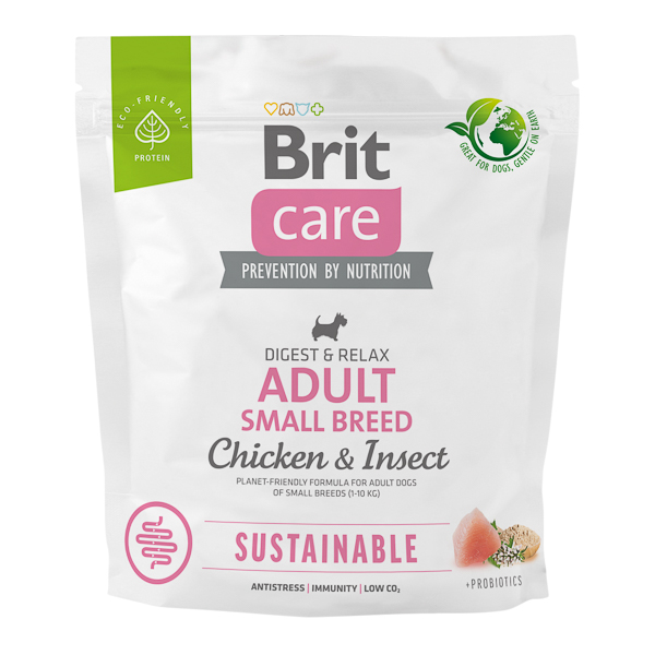 BRIT CARE Sustainable Adult Small Breed, cu Pui și Insecte, Hrană Uscata Sustenabilă pentru Câini de Talie Mică, Fără Gluten, 1kg