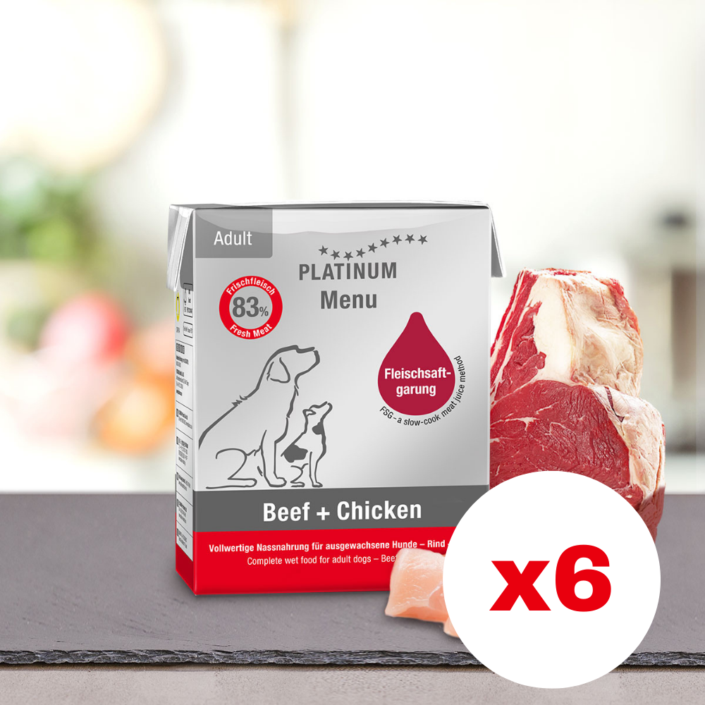 PLATINUM Menu Adult, Vita si Pui, Bax Hrana Umeda Pentru Caini 6x375g