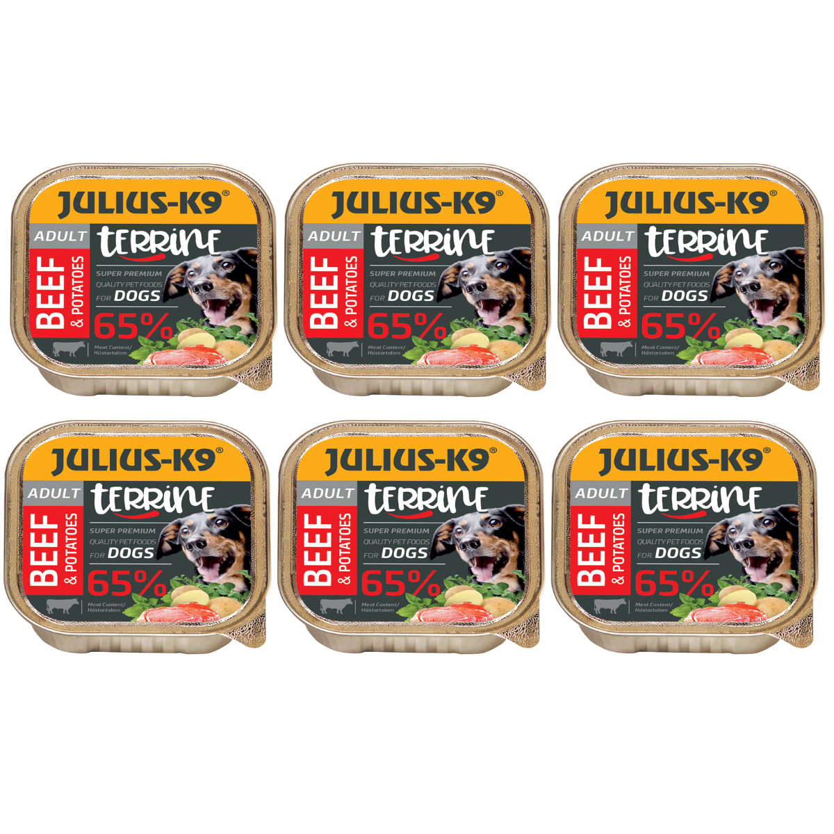 JULIUS K9 DOG, Set Conserve Hrana Umeda Pentru Caini, Terina cu Vita si Cartofi Dulci, 6x150g