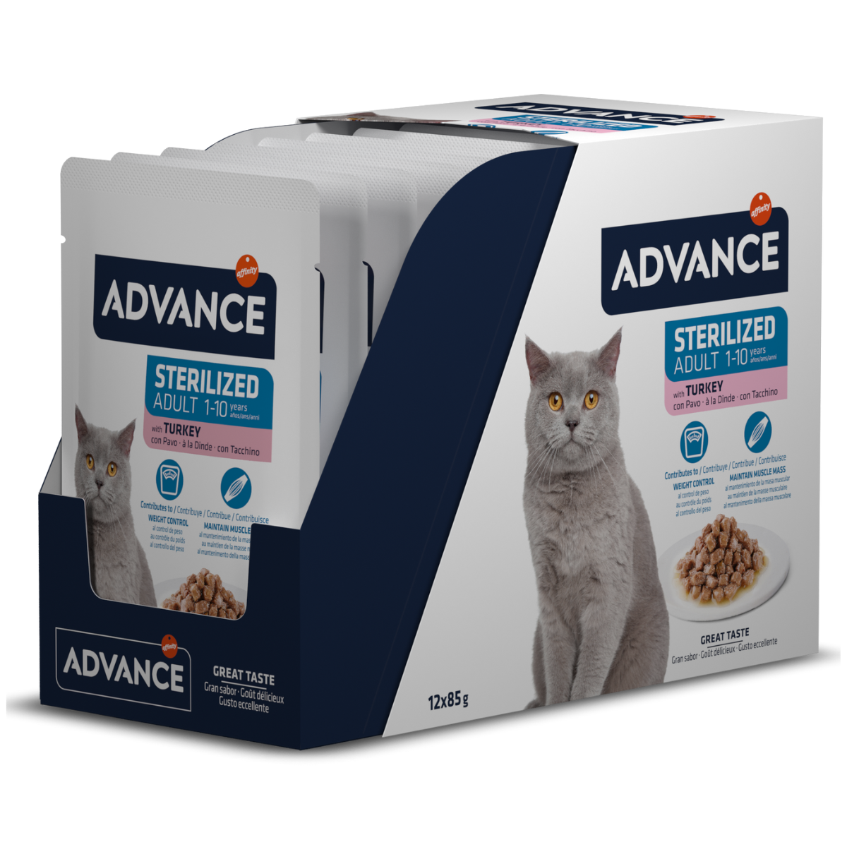 ADVANCE Cat Adult Sterilized , cu Curcan, Bax Plicuri Hrana Umeda Pisici Adulte Sterilizate (bucatele carne in sos), 12x85g