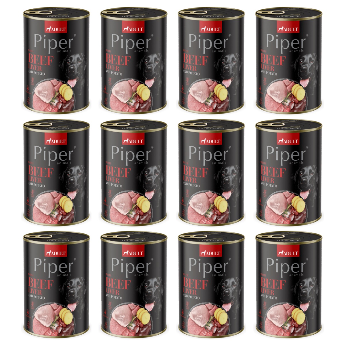 PIPER Dog Adult, cu Ficat de Vita si Cartofi, Set Conserve Hrana Umeda Pentru Caini 12x400g