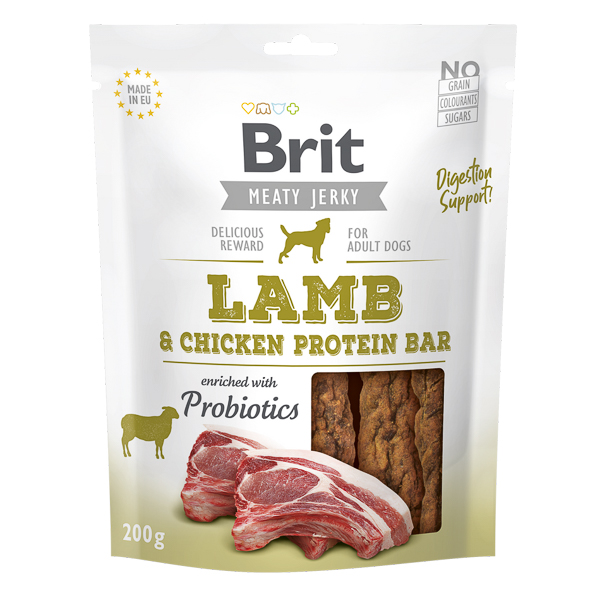 BRIT Jerky Lamb Protein Bar 200 g – Recompense Naturale Fara Cereale pentru Caini, cu Carne de Miel, Bogate in Proteine