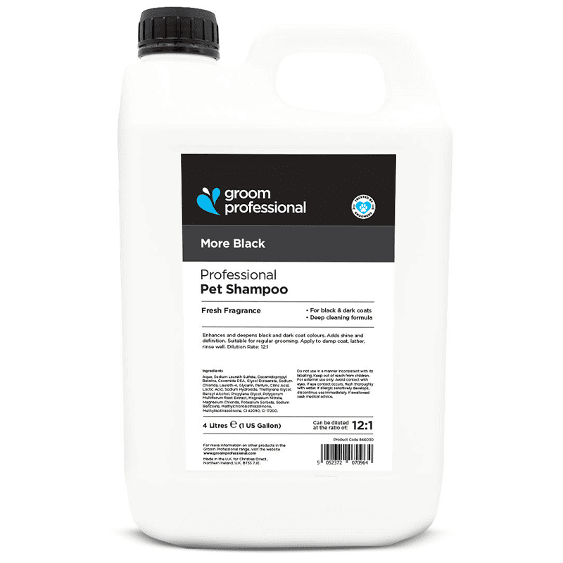 GROOM PROFESSIONAL More Black Shampoo 4 L | Sampon Profesional Concentrat (dilutie 12:1) pentru Caini cu Blana Neagra sau Inchisa la Culoare | Curatare Profunda si Stralucire