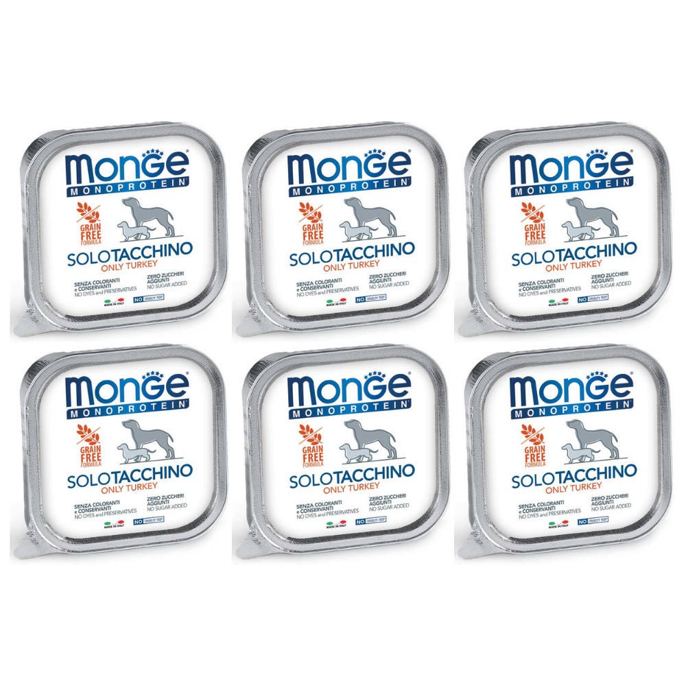 MONGE MONOPROTEIN SOLO Curcan, Bax Hrana Umeda Monoproteica, Fara Cereale, Caine, (pateu) 6x150g