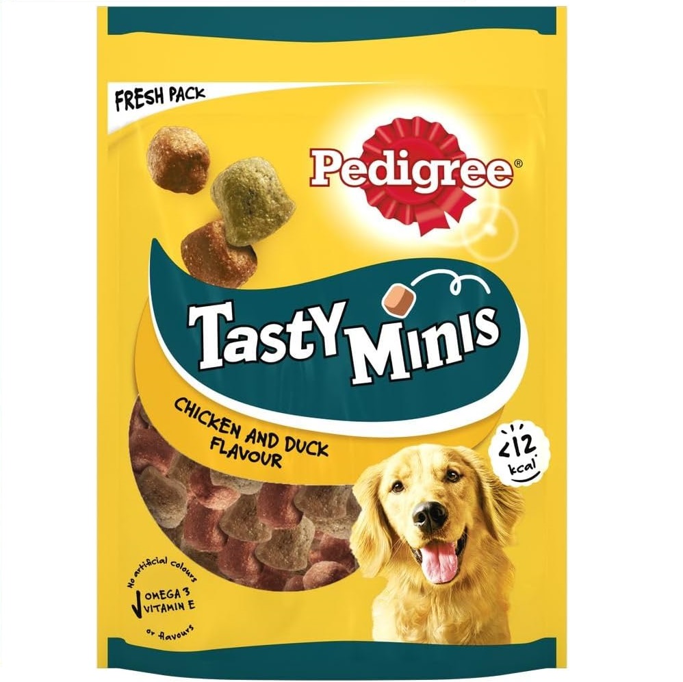 PEDIGREE Tasty Minis Bites, Recompense Moi Pentru Caini, Cubulete cu Carne de Pui si Rata, 130g