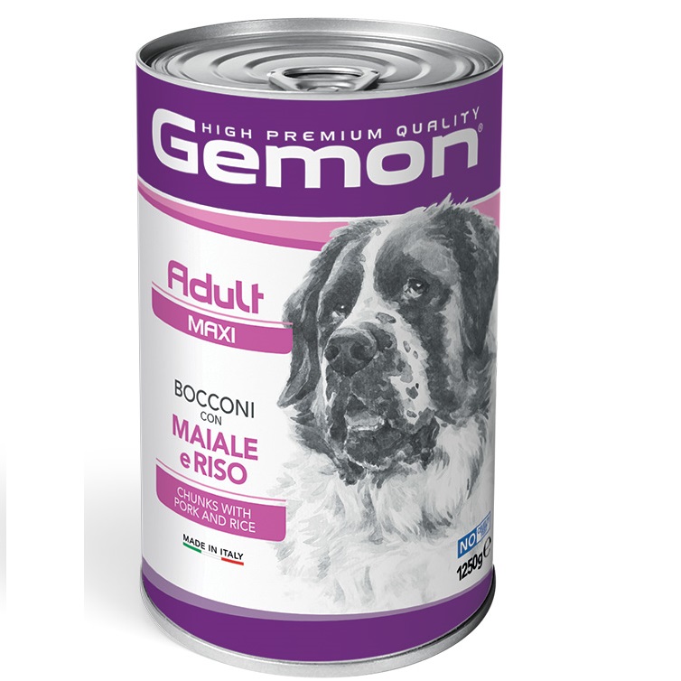 GEMON Maxi Adult, cu Porc si Orez – Conserva Hrană Umedă pentru Câini de Talie Mare, 1250g