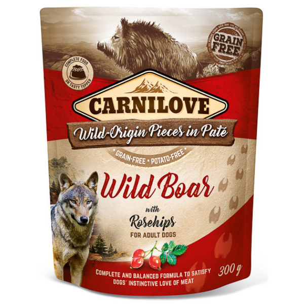 CARNILOVE Dog Pouch Pate Mistreț cu Măceșe 300 g – Hrană Umedă Fără Cereale pentru Câini Adulți, Sursă Naturală de Vitamine și Vitalitate