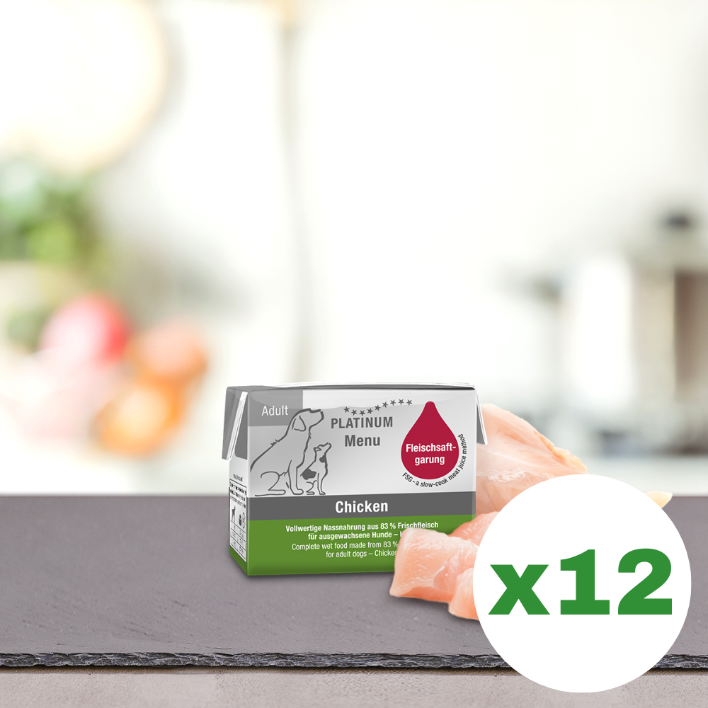 PLATINUM Menu Adult, Pui, Bax Hrana Umeda Pentru Caini, 12x90g