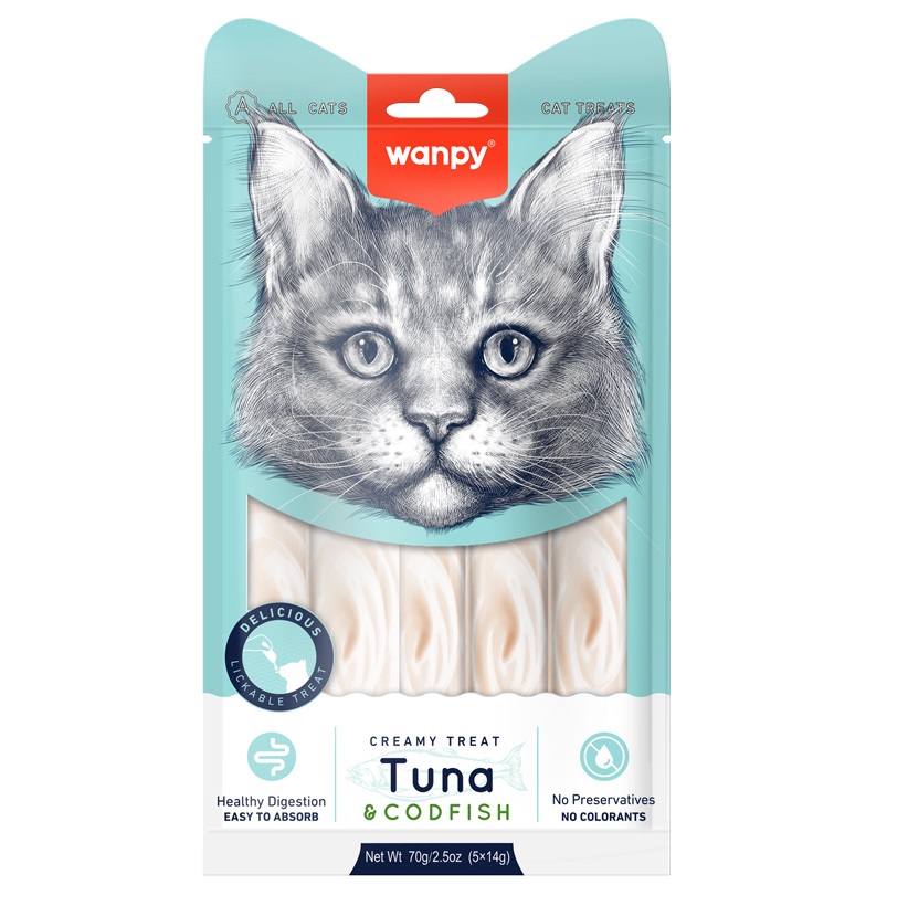 WANPY Creamy Lickable Cat Treats cu Ton si Cod, plicuri 5x14 g – Recompensa Cremoasa Superpremium pentru Pisici, Naturala si Usor Digerabila
