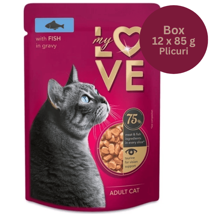 MY LOVE CAT Box Hrană Umedă pentru Pisici Adulte cu Peste, 12x85 g | Bucățele în Sos