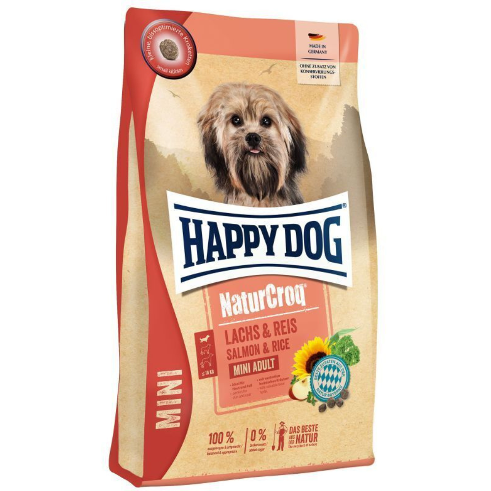 HAPPY DOG NaturCroq Mini Somon & Orez – Hrană Uscată Premium pentru Câini de Talie Mică, Piele Sănătoasă și Blană Strălucitoare, 4 kg