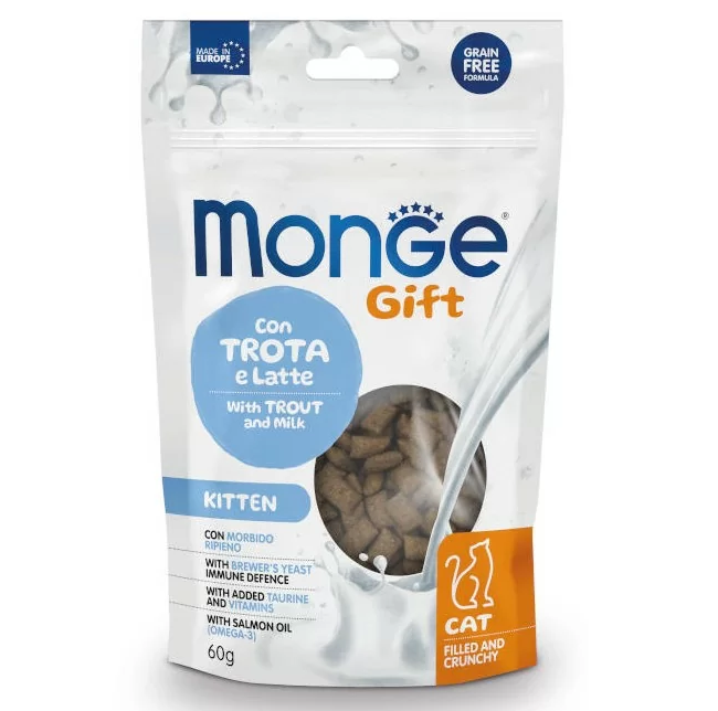 MONGE Gift Kitten, cu Pastrav si Lapte, Recompense Pui de Pisica Pentru o Dezvoltare Sanatoasa, 60g