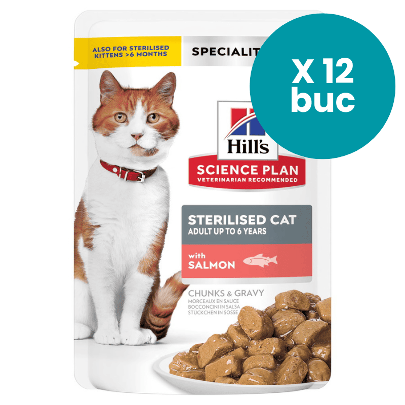HILL'S Science Plan Sterilised Cat Adult cu Somon, Box 12x85g – Hrană Umedă pentru Pisici Sterilizate, Suport pentru Sănătatea Urinară și Controlul Greutății