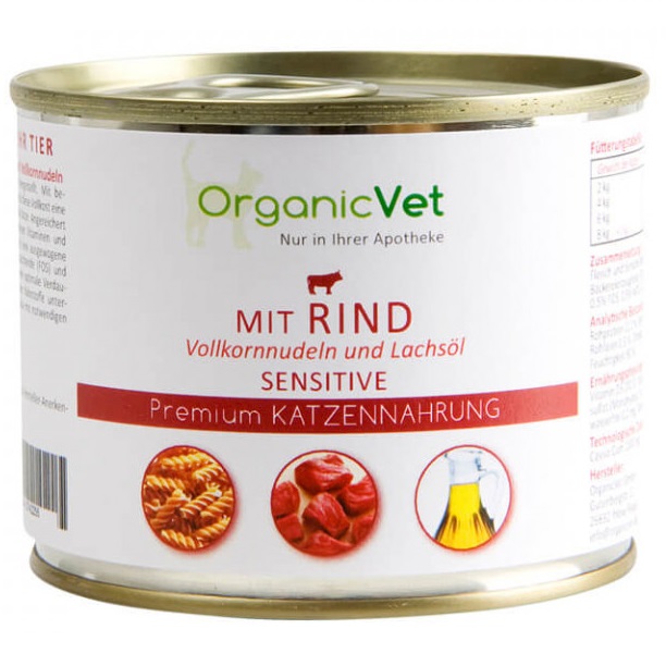 OrganicVet Feline Sensitive, cu Vita, Paste si Ulei de Somon, Conserva Hrana Umeda Pentru Pisici, 200g