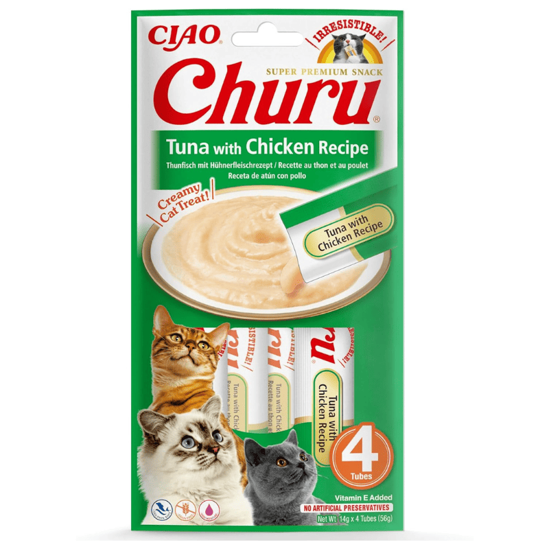 INABA Ciao Churu Creamy Sticks Tuna with Chicken 4x14 g | Recompense Cremoase fara Cereale pentru Pisici | cu Ton si Pui | Sanatoase, Hidratante si cu Calorii Putine