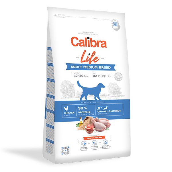 CALIBRA Dog Life Adult Medium Breed, cu Pui – Hrană Uscata Superpremium pentru Câini Adulți de Talie Medie, 2.5kg