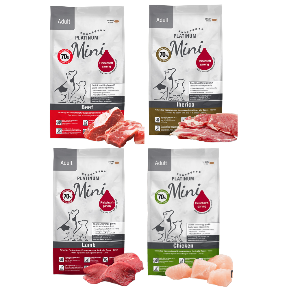 PLATINUM NATURAL Adult Mini, Max Variety, cu Pui, Vita, Miel si Porc Iberic, Hrana Uscata Pentru Caini Adulti de Talie Mica, 3.6kg (900g Pui si Orez | 900g Vita si Cartofi | 900g Miel si Orez | 900g Porc Iberic si Verdeturi)