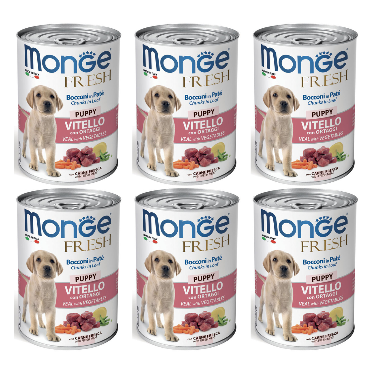 MONGE Fresh, cu Vitel si Vegetale, Set Conserve Hrana Umeda Pentru Caini Juniori (pateu cu bucatele de carne), 6x400g