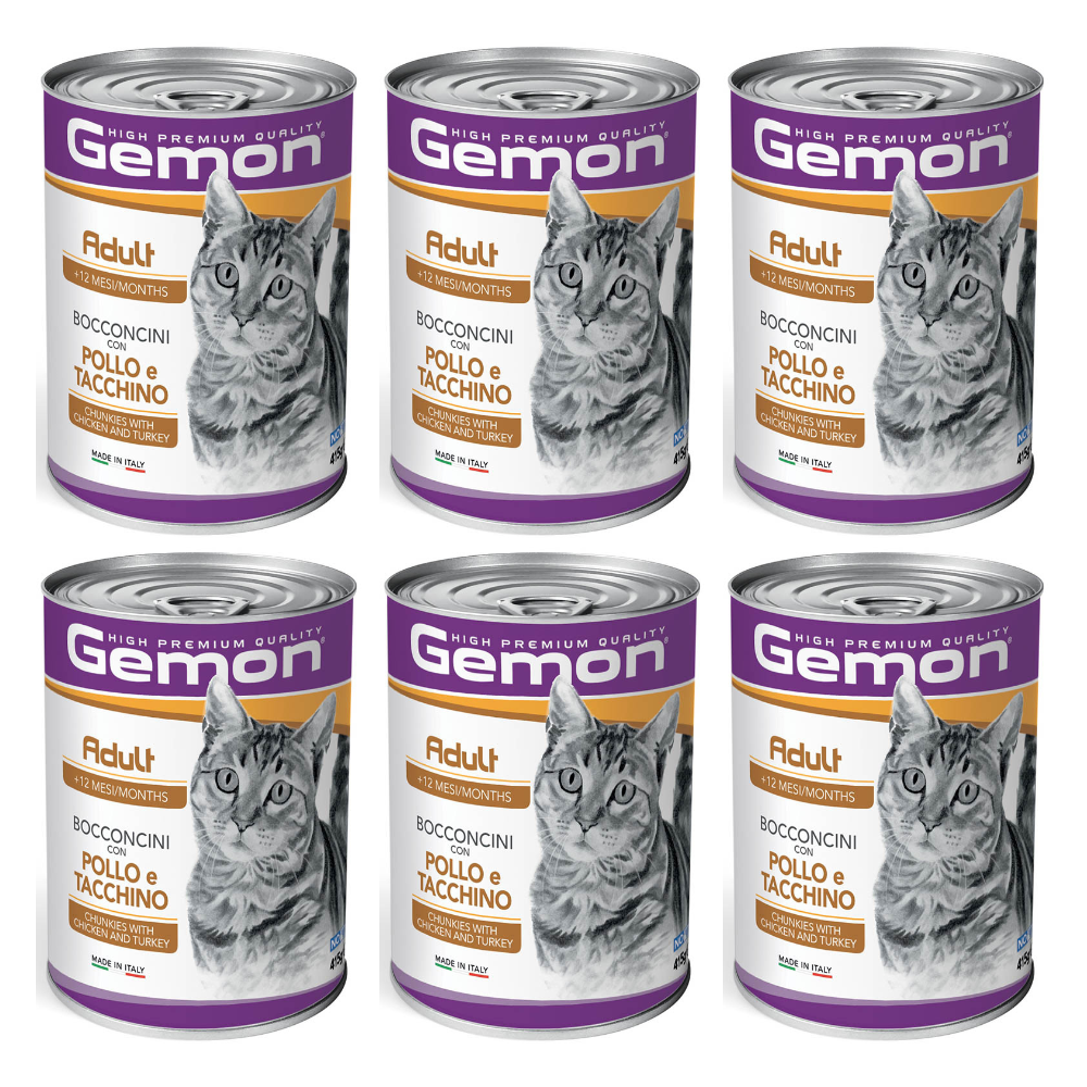 GEMON Cat Adult cu Pui și Curcan – Set Conserve Hrană Umedă pentru Pisici Adulte (bucatele in sos), 6x415 g