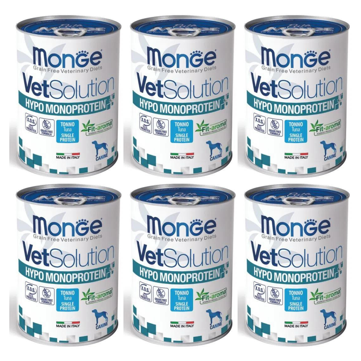 MONGE VETSOLUTION Hypo Monoprotein, cu Ton, Set Conserve Hrana Umeda Monoproteica Pentru Caini Sensibili, 6x400g