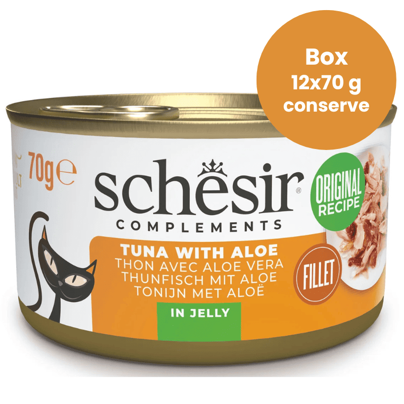 SCHESIR Cat Ton cu Aloe in Aspic, Box 12x70 g | Hrana Umeda Complementara pentru Pisici Adulte